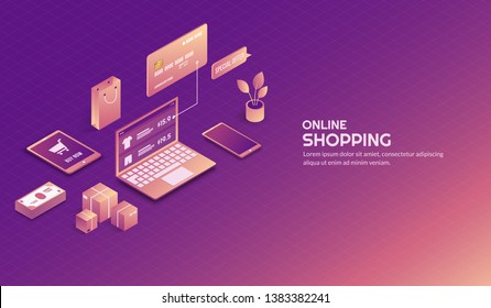 Isometric online shopping elements background