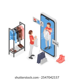 Isometric online shopping. Girl fitting and choose new fashion outfits in digital apparel boutique. E-commerce, shop in smartphone, flawless vector concept