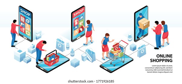 Isometric online shopping infographics with human characters images of goods and smartphone displays with editable text vector illustration