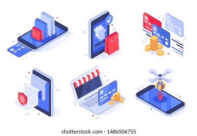 Isometric Online Shopping. Internet Store Business, Digital Commerce And Bank Card Payment. Online Clothes Shop Paying, Modern Stores Payments App. Isolated Vector Illustration Icons Set