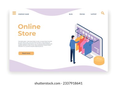 Isometric online shopping. Man choosing t-shirt in internet on desktop computer. Customer purchasing clothing in shop. E-commerce concept, retail service landing page vector illustration