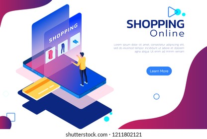 Isometric online shopping. Man stand on smartphone in front of a screen for customer application online shopping. Mobile shopping, e-commerce and online store. Vector Illustration.