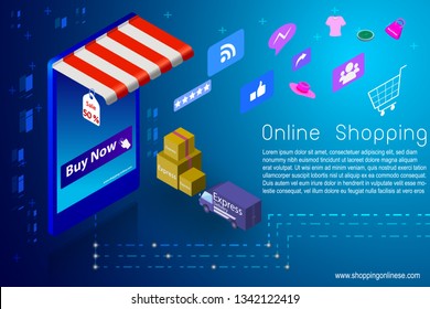 Isometric online shopping on mobile payment systems easy and transportation convenience express. Concept of mobile marketing and e-commerce. supermarket smartphone with icons of purchases.
