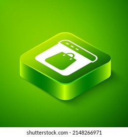 Isometric Online shopping on screen icon aislado en el fondo verde. Concepto de comercio electrónico, comercio electrónico, marketing de negocios en línea. Botón cuadrado verde. Vector