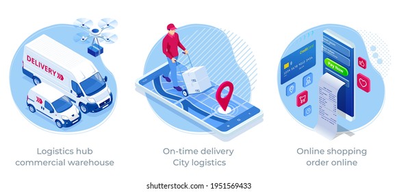 Isometric Online shopping order online. Fast respond delivery package shipping on mobile. On-time delivery City logistics