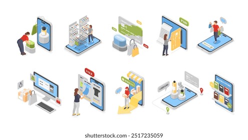 Isometric online shopping. People buy goods in mobile application, digital marketplace. E-commerce, modern payment and delivery, flawless vector scenes