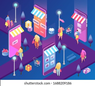 Isometric online shopping people vector illustration. Cartoon 3d tiny man woman customer characters with shopper bag buy in discount sale using mobile smartphone app. Internet business advertising