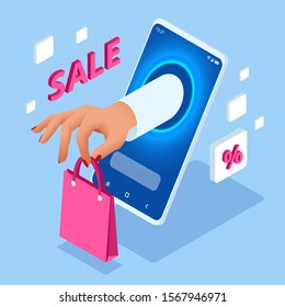 Isometric Online Shopping with Smartphone. E-commerce Shopping. Concept of mobile marketing and e-commerce.