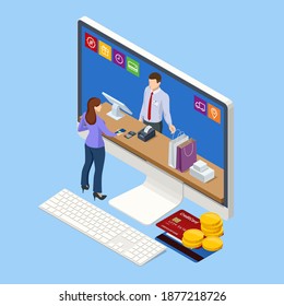 Isometric Online Shopping Store with Mobile , Credit Cards and Shop Elements. Shopping Online on Website. Sale Banner or Promotion