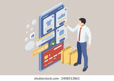 Isometric Online Shopping Store on Website and Mobile Phone design. Payment Approved, online card Payment, Online Marketing Smartphone device with receipt.