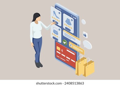 Isometric Online Shopping Store on Website and Mobile Phone design. Payment Approved, online card Payment, Online Marketing Smartphone device with receipt.