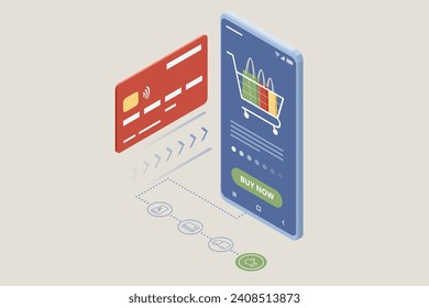 Isometric Online Shopping Store on Website and Mobile Phone design. Payment Approved, online card Payment, Online Marketing Smartphone device with receipt.