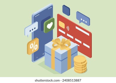 Isometric Online Shopping Store on Website and Mobile Phone design. Payment Approved, online card Payment, Online Marketing Smartphone device with receipt.