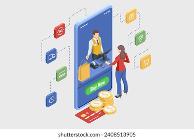 Isometric Online Shopping Store on Website and Mobile Phone design. Payment Approved, online card Payment, Online Marketing Smartphone device with receipt.