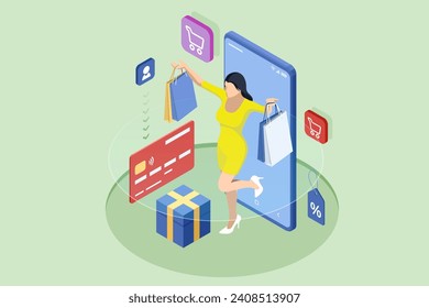 Isometric Online Shopping Store on Website and Mobile Phone design. Payment Approved, online card Payment, Online Marketing Smartphone device with receipt.