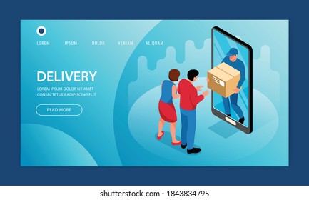 Isometric online shopping website template design with clickable buttons text links delivery guy and smartphone screen vector illustration
