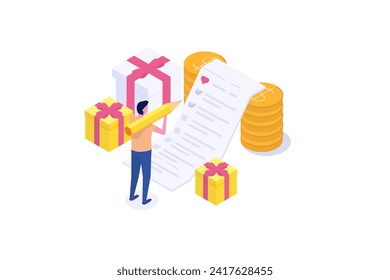 Isometric Online shopping wishlist, add to personalized collection concept. Vector illustration.