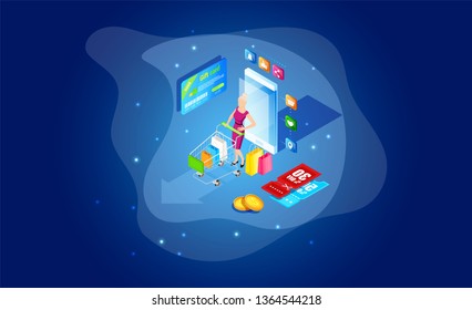 Isometric online smartphone shopping concept. Online store, smart phone home shopping. Mobile ecommerce and marketing. Sale, retail. Mobile marketing and e-commerce template