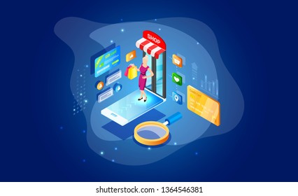 Isometric online smartphone shopping concept. Online store, smart phone home shopping. Mobile ecommerce and marketing. Sale, retail. Mobile marketing and e-commerce template