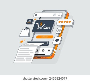 Isometric Online Store Interface with flying windows.  Concept of the popular Marketplace. Vector illustration