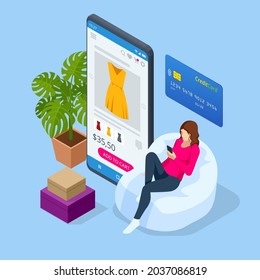 Isometric Online Store for Women. Clothing store, Online Shopping, Home delivery.