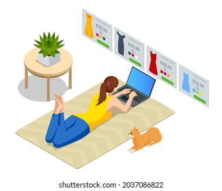 Isometric Online Store for Women. Clothing store, Online Shopping, Home delivery.