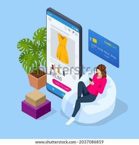 Isometric Online Store for Women. Clothing store, Online Shopping, Home delivery.