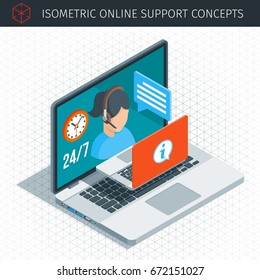 Isometric online support concept. Flat female support and client service staff worker. Highly detailed vector illustration