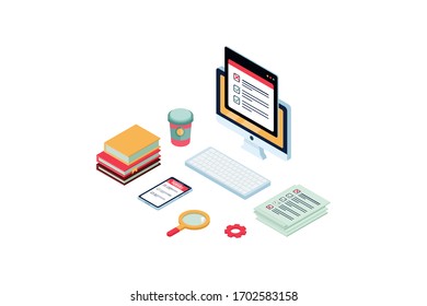 Isometric online survey abstract concept. Internet customers voting.Business quiz form with laptop, landing, computer screen, paper document for feedback site, mobile app.Vector flat cartoon isolated