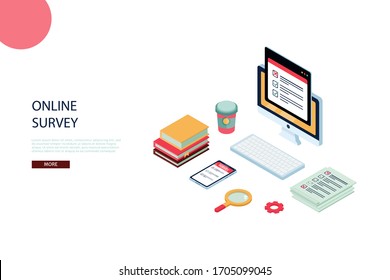 Isometric online survey abstract concept. Internet customers voting.Business quiz form with laptop, landing, computer screen, paper document for feedback site, mobile app.Vector flat cartoon isolated