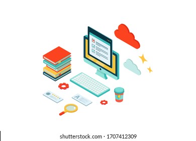 Isometric online survey abstract concept. Internet customers voting.Business quiz form with laptop, landing, computer screen, paper document for feedback site, mobile app.Vector flat cartoon isolated