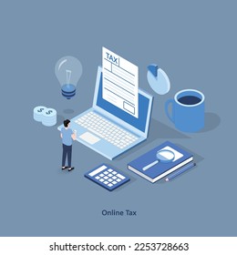 Isometric online tax payment vector illustration concept, people filling tax form, people submit digital tax via website , can use for, landing page, template, ui, web, homepage, poster, banner, flyer
