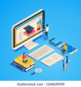 Isometric online teaching. Internet classroom, student learning at computer class. Online university graduate, studying training tutorial or exam. Laptop education 3d vector illustration