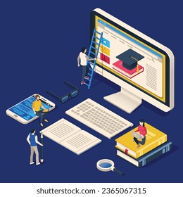 Isometric online teaching. Internet classroom, student learning at computer class