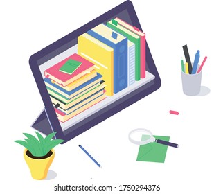 Estudio web de educación en tecnología en línea isométrica, aprendizaje de portátiles y diseño plano de biblioteca de libros ilustraciones vectoriales. 3.ª educación estudio y concepto docente aislado en el fondo blanco