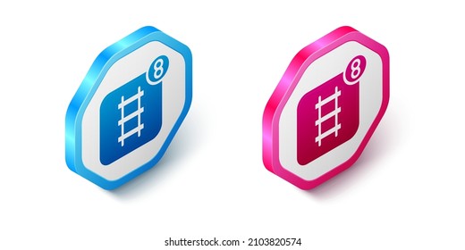 Isometric Online ticket booking and buying app interface icon isolated on white background. E-tickets ordering. Electronic train ticket on screen. Hexagon button. Vector
