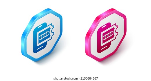 Isometric Online ticket booking and buying app interface icon isolated on white background. E-tickets ordering. Electronic train ticket on screen. Hexagon button. Vector