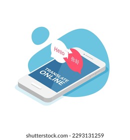 Isometric online translator app concept. Chat bubbles with english and chinese. E-learning. Vector illustration isolated.