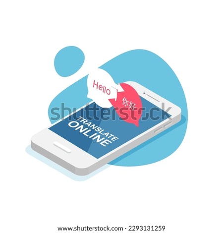 Isometric online translator app concept. Chat bubbles with english and chinese. E-learning. Vector illustration isolated.