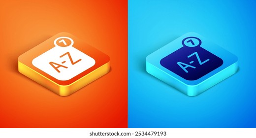 Isometric Online translator icon isolated on orange and blue background. Foreign language conversation icons in chat speech bubble. Translating concept.  Vector