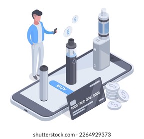 Isometric online vape shop concept. Digital e-cigarette shop app on smartphone screen, vape smoke accessories online application 3d vector illustration. Vape shop goods