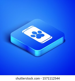 Isometric Online veterinary clinic symbol icon isolated on blue background. Cross with dog veterinary care. Pet First Aid sign. Blue square button. Vector Illustration