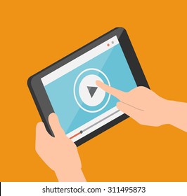 Isometric online video concept. Hands holding smartphone or tablet and turning on video, vector illustration