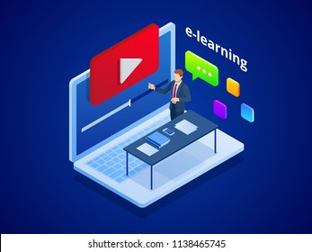 Isometric online video training or tutorial. E-Learning by the webinar training. Online education at Video blog concept. Vector Illustration