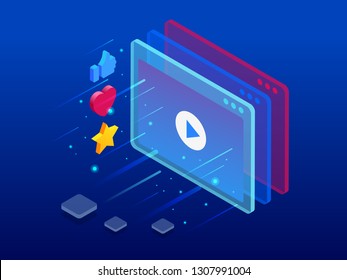 Isometric online video training or tutorial. E-Learning by the webinar training. Online education at Video blog concept.