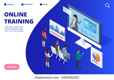 Isometric online video training, webinar vector illustration. Online education banner, landing page concept. Education webinar and training online