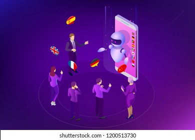 Isometric online voice translator and learning languages concept. E-learning, translate languages or audio guide. Artificial Intelligence chatbot translator.