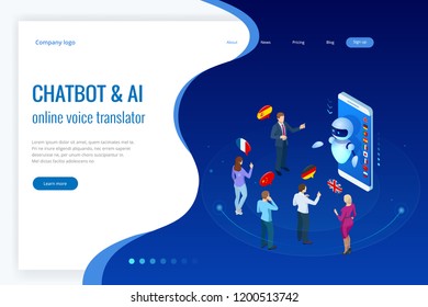 Isometric online voice translator and learning languages concept. E-learning, translate languages or audio guide. Artificial Intelligence chatbot translator.