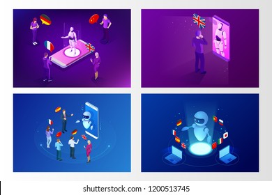 Isometric online voice translator and learning languages concept. E-learning, translate languages or audio guide. Artificial Intelligence chatbot translator.