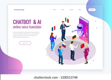 Isometric Online Voice Translator And Learning Languages Concept. E-learning, Translate Languages Or Audio Guide. Artificial Intelligence Chatbot Translator.